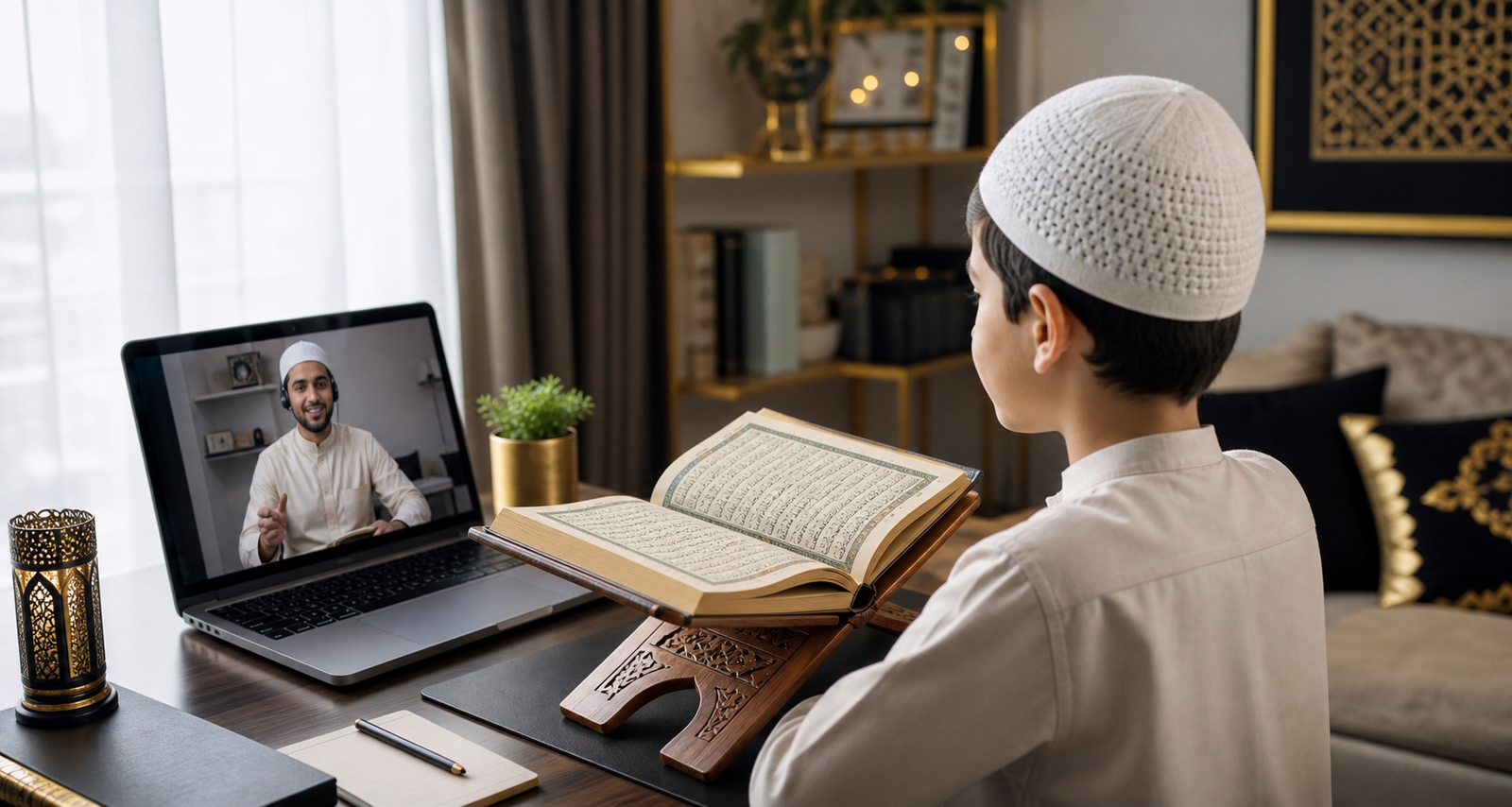 Young student learning Quran online with a qualified tutor
